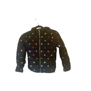 Kids Old Navy Black Puffer Jacket Rainbow Metallic Hearts Size M 8